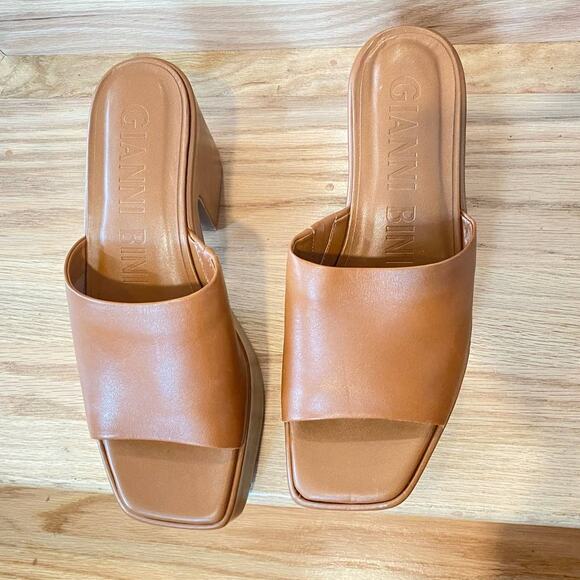 Gianni Binni Lomah Leather  Square Toe Platforms Sandals Chunky Heels Tan 10us - Picture 6 of 10